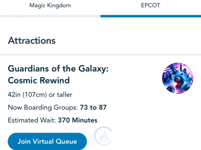 Fila virtual – Guardians of the Galaxy: Cosmic Rewind no EPCOT 