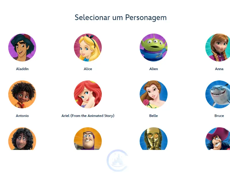 Personagens para escolher a foto do seu perfil na hora do cadastro.