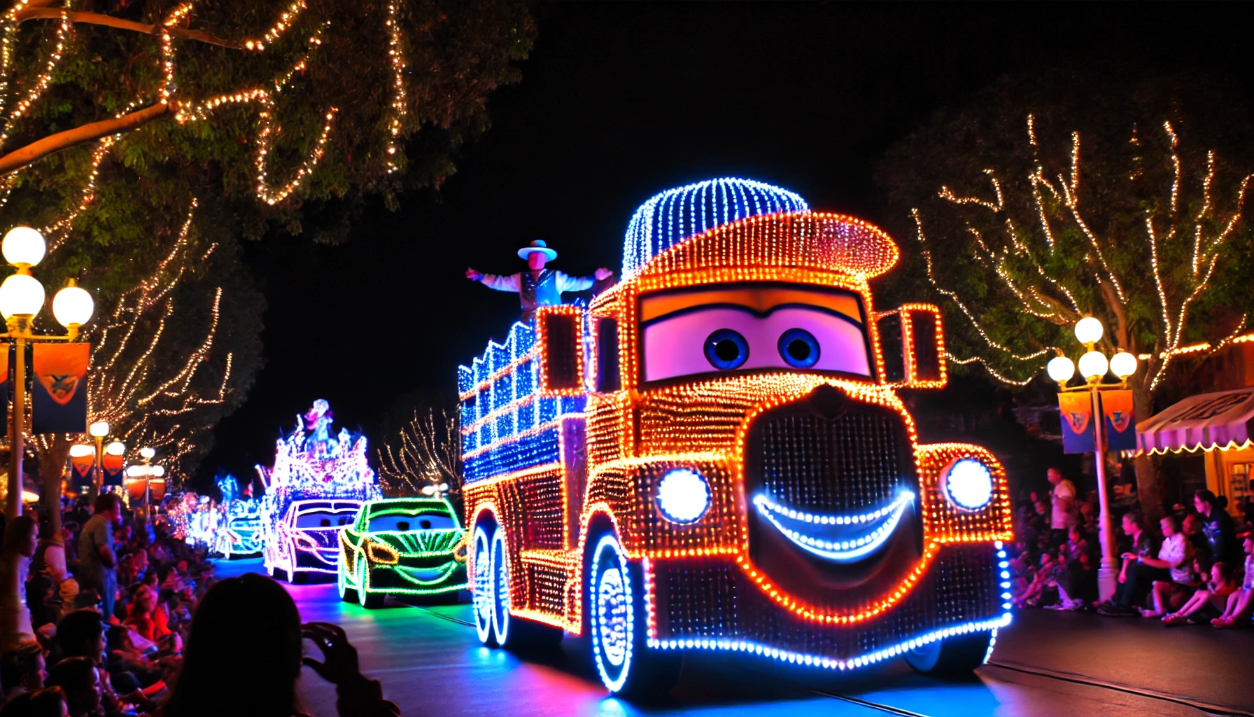 DALL·E 2024-10-11 15.06.08 - A vibrant nighttime parade at Disneyland with over 1.5 million LED lights illuminating the floats and characters, including a large illuminated truck